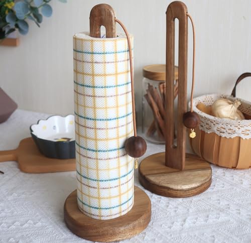 Wooden Kitchen Roll Holder Free Standing Acacia Wood Paper Towel Holder Stand for Kitchen Counter Non Slip Towel Roll Holder Countertop Farmhouse Organizer Fits Most Size Paper Roll