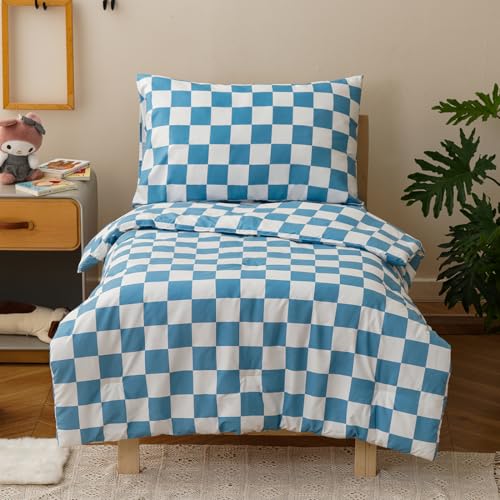 Image of CLOTHKNOW 4Pieces Blue White Plaid Toddler Bedding Sets for Boys Girls | Soft, All Seaon, Cozy, Breathable, Kids Grid Bedding Sets, Crib Bed Sets, Light Blue White Comforter