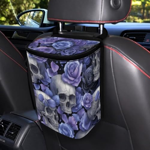 Image of Talayituse Skull Rose Print Car Trash Can Portable Auto Garbage Bin Multifunctional Vehicle Interior Accessories with Adjustable Straps Universal Fit Truck SUV Sedan