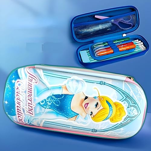 Image of EVA Large Capacity Stationery Box 3D Cartoon Pen Pencil case Multi-Compartment for School Students with Zip Closure -Best Birthday Gift for Girls, Boys & Kids (Princess (Blue))