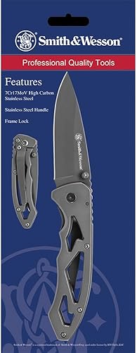Smith & Wesson CK400 Cuchillo plegable SS de alto carbono de 5.4 pulgadas con una hoja de punto de caída de 2.2 pulgadas y mango de acero inoxidable
