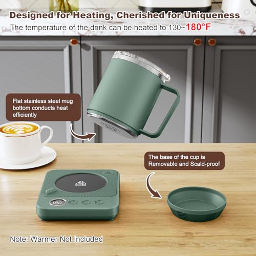 Image of Felibeaco 16oz Heated Coffee Mug with Flat Bottom for Rapid Heating, Stainless Steel Heated Coffee Cup Suitable for Different Coffee Mug Warmer /Heaters, Heated Mug /Cup for Home and Office Desk,Green
