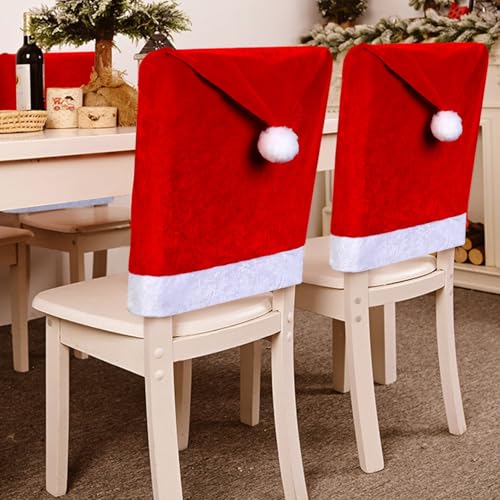 Searchi Christmas Chair Covers Set Of 6, Stretch Red Flannel Xmas Chair Back Covers, Santa Hats Dining Chair Covers Slipcover For Holiday Christmas Decoration cover