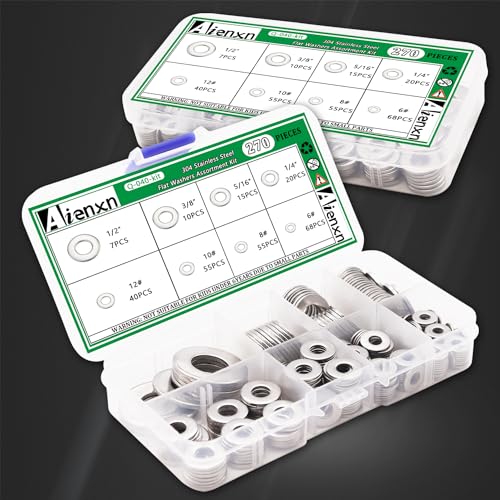 Aienxn Q-040-KIT 270Pcs 8 Sae Sizes 304 Stainless Flat Washer Assortment Kit-1/2 thumb #3