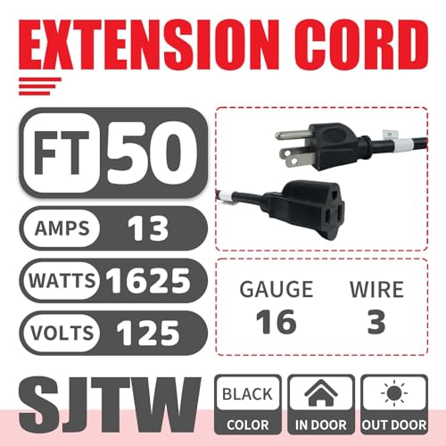 Image of EP 50FT Outdoor Extension Cord, 16 /3 SJTW Heavy Duty Black, ETL Listed