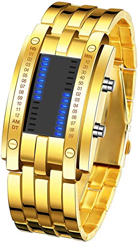 Gosasa Men's Digital Watch Binary Time LED Display 50M Waterproof Alloy Band Creative Sport Army Wristwatches