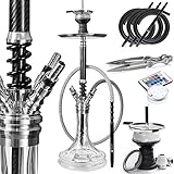ORACLE HOOKAH® Carbon Shisha Set Edelstahl Wasserpfeife 70cm - mit Zubehör wie Schlauch Tonkopf Mundstück LED (carbon-silber, inkl. [4 Schläuche / 4 Mundstücke])