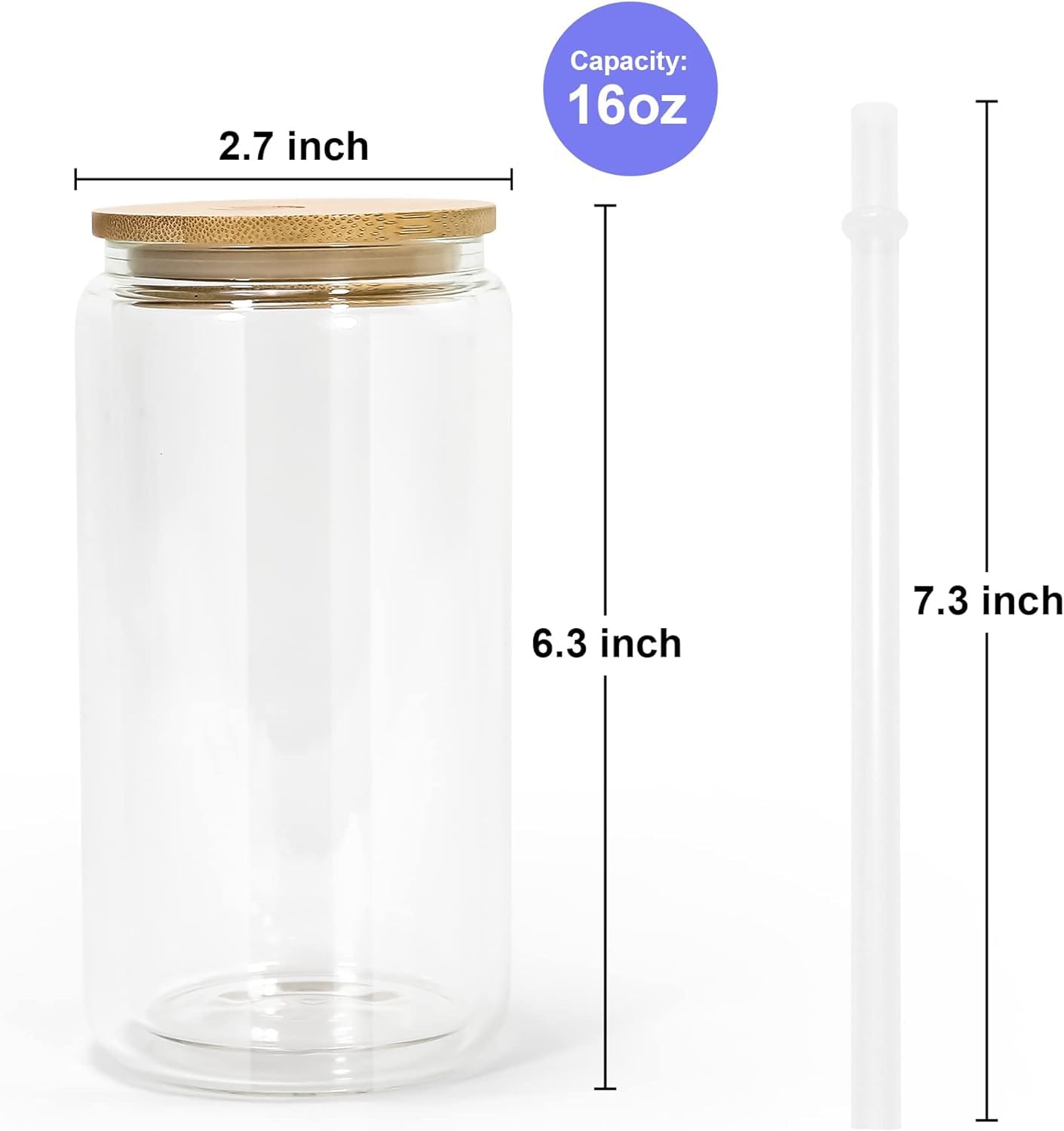 Lot de 6 tasses à sublimation en verre vierge, 473 ml - Tasses à neige transparentes à double paroi avec couvercle en bambou, tasses à sublimation pour café, lait, soda