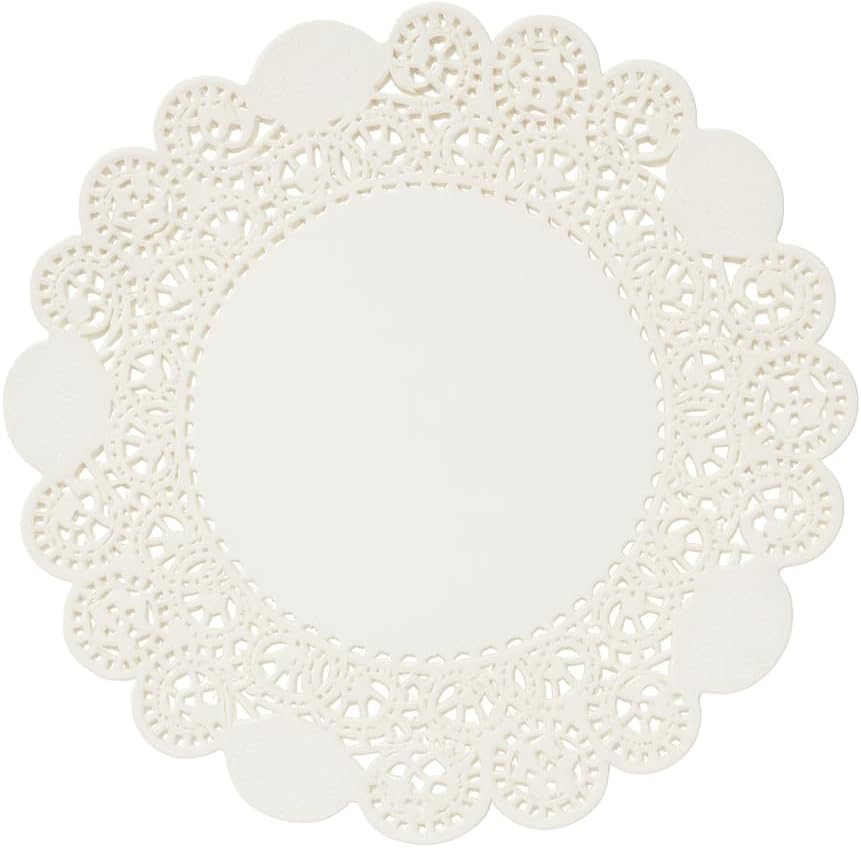 Heyiwell 50PC Disposable Round Greaseproof Paper Doilies, Lace White Placemats Bulk for Cakes, Desserts, Tables, Crafts (16" Inch)