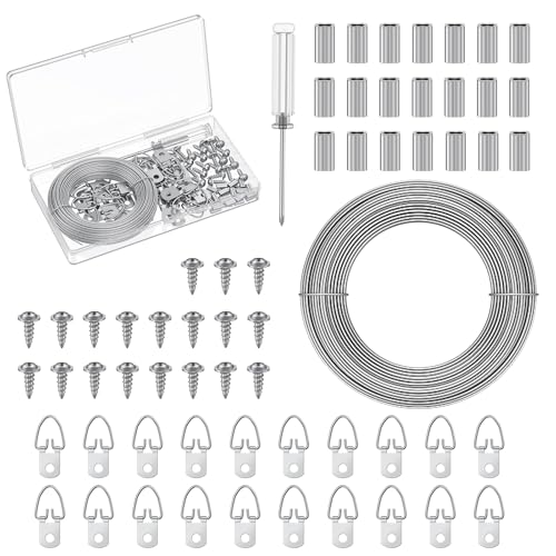 Image of Uniclife Picture Hanging Kit, 100 ft Picture Hanging Wire, Picture Wire Hanging Kit with D Rings, Metal Picture Hangers for up to 30 lbs, Picture Frame Wire for Canvas, Art & Painting