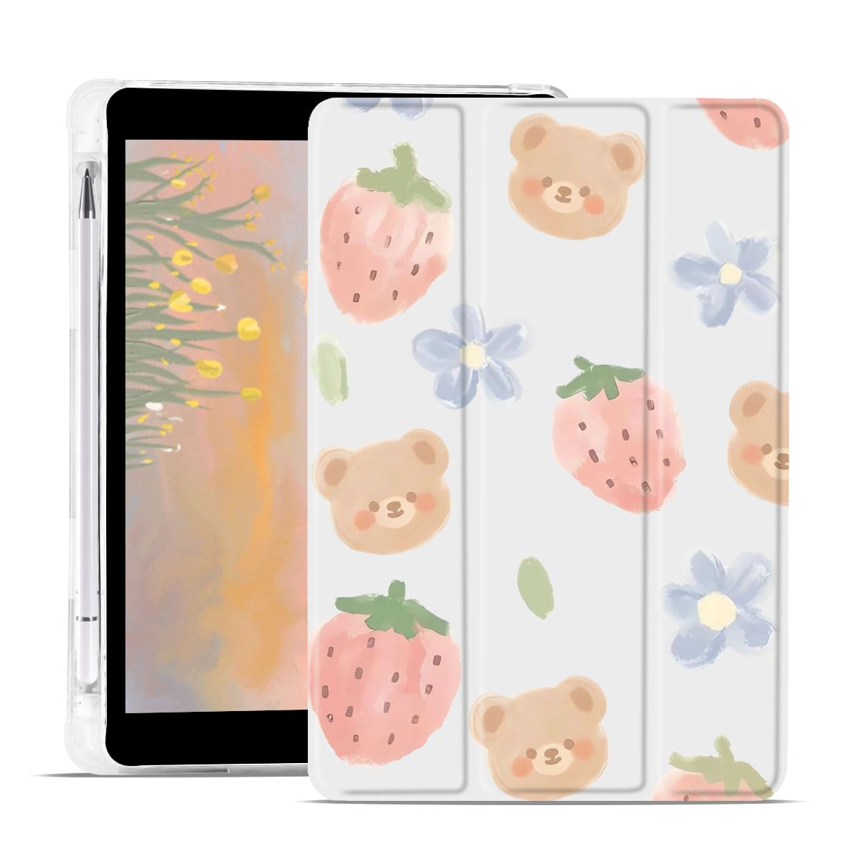 JOYLAND Cute Bear Case for iPad 10th/11th Generation Clear TPU Back Smart Stand Leather Cover with Pencil Holder for Girls Women Kids Auto Wake/Sleep