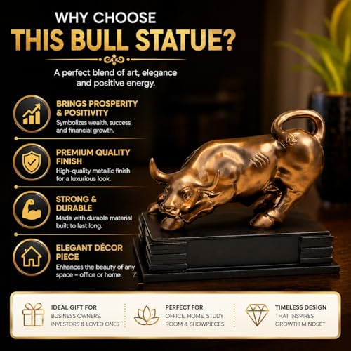 Image of ARMONIA Golden Charging Bull Statue (23 * 28.5cm) | Polystone Bull Sculpture Showpiece Wall Street Bull for Home Decor, Stock Market & Trading Desk Symbol of Business Growth