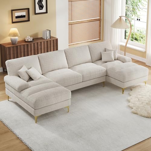 Sapgaks Grand canapé d'angle Moderne en U,avec Fauteuil inclinable Double,canapé 4 Places en Chenille,Canapé de Salon(Beige)