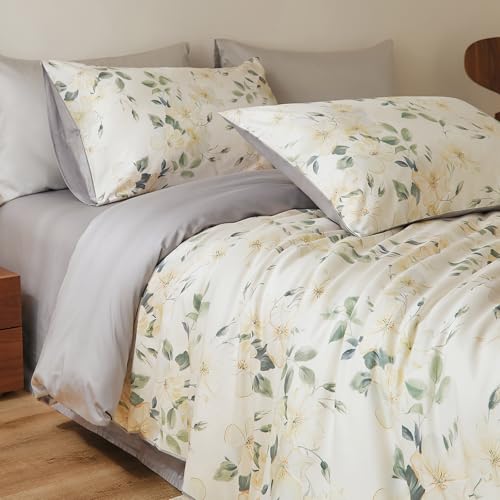 Image of VM VOUGEMARKET Sateen Cotton Duvet Cover Set King, Vintage Magnolia Flower