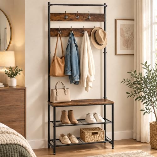 Image of Lukzer 3-Tier Shoe Rack with 7 Hooks Coat Stand, Hall Tree with Hanging Rod & Bench, Metal & Wooden Spacious Entryway Organizer for Clothes, Bags, Jackets & Footwear (Black & Oak /180 x 65 x 32 cm)