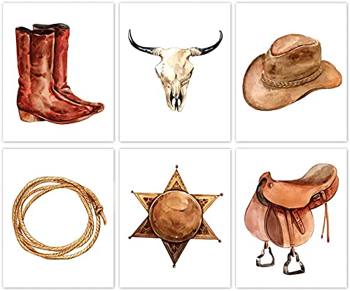 Image of NIIO Western Cowboy Wall Art, Cow Skull Canvas Art Decor, West Rodeo Hat and Boots Print for Farmhouse Theme Set of 6-(8inchx10inch Unframed)-Best Gift Fans