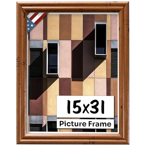 Distressed Oak 15x31 Picture Frame .75" Inch Wide - Handmade American Solid Wood Picture Frames with Preinstalled Hangers and UV Blocking Plexiglass Frames