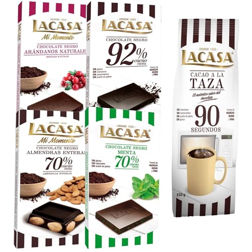 Lacasa pack de 5 tabletas de chocolate de diferentes sabores:taza 350g, arándanos, menta,cacao 92%, almendra 200g
