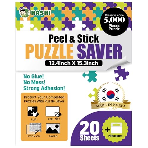 HASHI Puzzle Saver 20-Pack (12.4 x 15.3 Inches) with 20 Hangers, Easy Peel & Stick, No Mess, Adhesive Backing for Jigsaw Puzzles