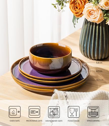 Image of TheTerra Ceramic Dinnerware Sets for 8, 24 Pieces Handmade Reactive Glaze Plates and Bowls Set, Scratch Resistant Dish Set, Oven & Microwave & Dishwasher Safe, Amber Amethyst