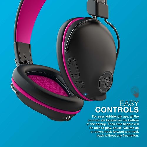JLab JBuddies Pro Wireless Over-Ear Kids Headphones, 35+ Hour Battery Life, Built-in Volume Regulators for Safety, Share Mode, Folding, Adjustable, Noise Isolation, with Mic, Pink