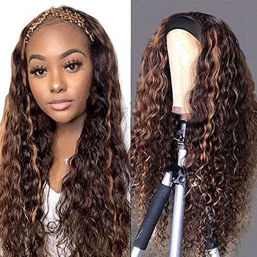 16 Inch Curly Headband Wig Highlight Headband Wig Headband Wig Human Hair Ombre #4/27 Human Hair Wigs with Headbands Attached 150% Density Brown Headband Wig Colored Black Mix Brown Headband Wig Curly