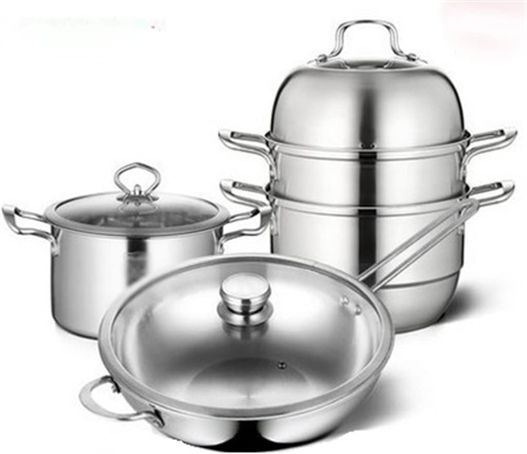 Cookware Set Stainless Steel Household Frying Pan Soup Pot Steamer Glass Lid Kitchen Utensils