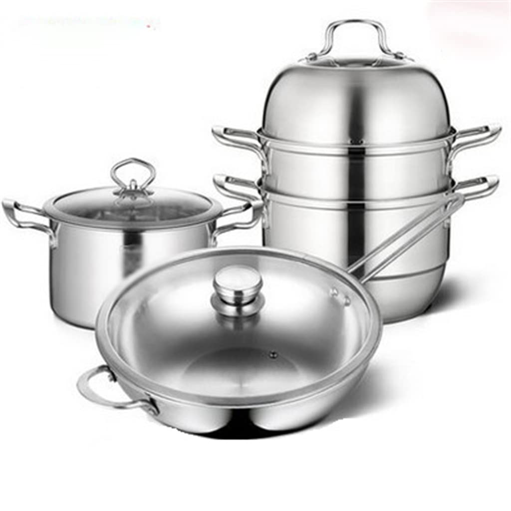 GTHTUHFD Cookware Set Stainless Steel Household Frying Pan Soup Pot Set Steamer Frying Pan Glass Lid Kitchen Utensils
