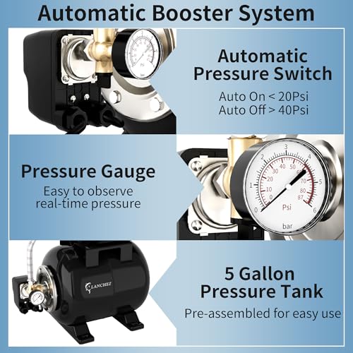 LANCHEZ 1.6HP Shallow Well Pump with Pressure Tank, 1340GPH Automatic Irrigation Water Booster Jet Pump, 115V Stainless Steel Water Transfer Pump for Home Garden Lawn Sprinkler Irrigation
