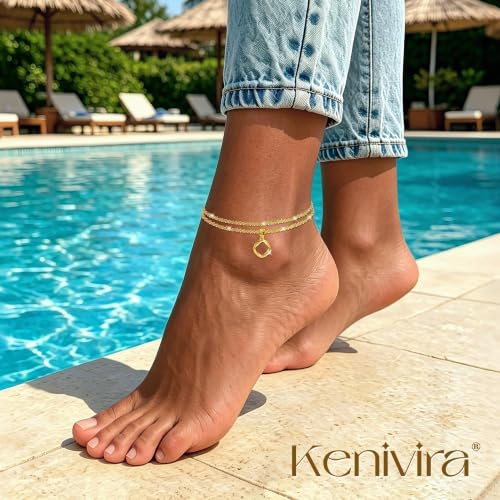 Image of Kenivira Sterling Silver Ankle Bracelets for Women,Gold Dainty Layered Waterproof Anklet for Women, Anklet Set Stackable Beach Gift Adjustable Size
