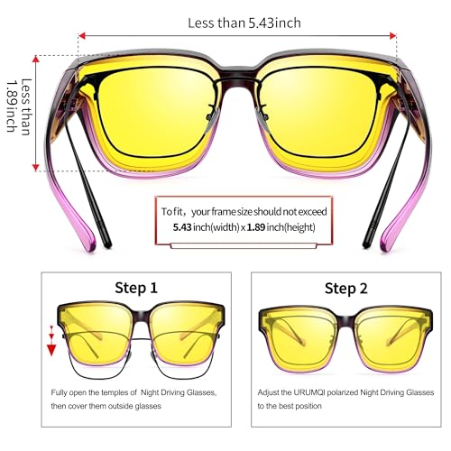 URUMQI Night Vision Glasses Fit Over Eyeglasses for Women, Anti Glare Polarized NightTime Glasses Oversized Yellow Lens4