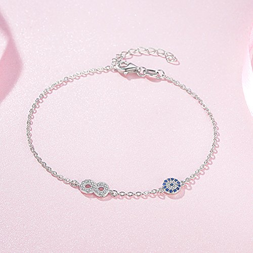 Image of Blue Evil Eye Infinity Link Bracelet in S925 Silver w /Cubic Zirconia & Adjustable 7 inch+1 inch Cable Chain