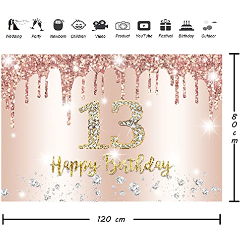13th Birthday Decoration Happy 13 Birthday Backdrop for Girls Thirteenth Birthday Party Background Glitter Rosegold Party Banner Kids Photo Studio Props by Tecreo - Image 2