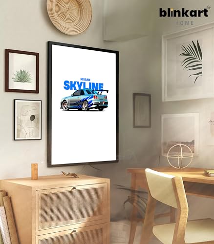 Image of BLINKART Nissan Skyline GT-R (R34) CarFramed Posters Gift Items Boys Room Wall Decoration Bedroom Office Studio Synthetic Wood Frame & Acrylic Glass Ready to Hang - 18x12 Inch, (A4 Size) - CAR-264