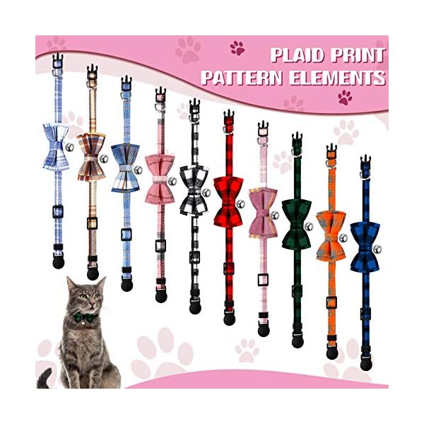 Weewooday 10 pieces breakaway cat collar with bow tie and bell, kitten collar for cat, adjustable cute plaid kitty safety collars for graduation wedding birthday pet party - image 4