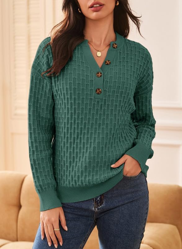 Dokotoo Womens Sweaters 2025 Casual Long Sleeve Henley Shirts V Neck Textured Button Fall Sweater Loose Fit Jumper Tops Medium Green