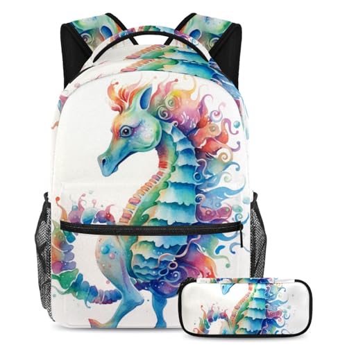 Sac à dos motif hippocampe bleu grand format avec trousse assortie