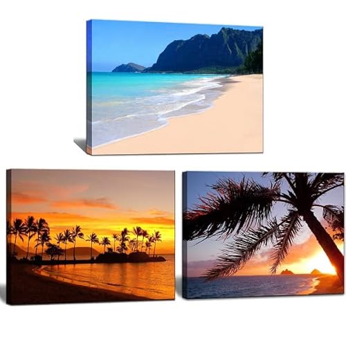 OKEXCKK Beach Sunset Canvas Wall Art Hawaii Landscape Paintings Nature Picture, Ocean Artwork Poster for Bathroom Living Room Office Decor 12"x16"