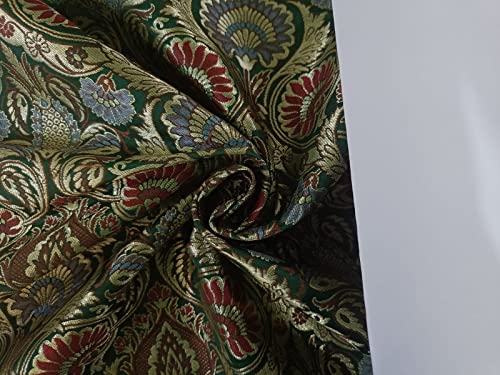 Brocart de soie King Khab au mètre, tissu jacquard vert et rouge marron métallique