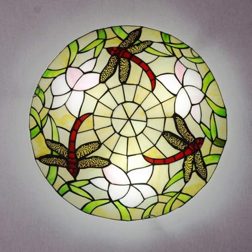 KUNYOS Lampes de Plafond Tiffany Dragonfly, Plafonnier de Salle de Bain rétro, Lampes de Plafond pour Chambre avec Abat-Jour en Verre coloré, E27 Plafonnier pour Cuisine et Salon,30cm
