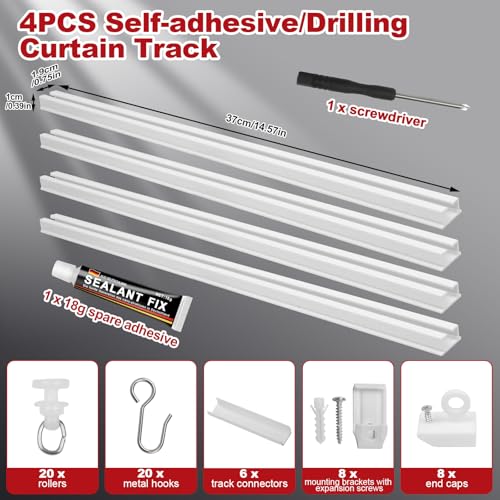 Miniatura 2 de Haoledy Riel Cortina Techo 4 37 Cm 148 Cm , Rieles Para Cortinas Autoadhesiva Con Taladro, Riel De Cortina Extensible, Riel De Cortina Montaje En Techo O Pared, Con 20 Ruedas Y Ganchos De Metal 4