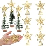 Hiboom 6 Pieces Mini Christmas Tree Star Toppers Glittered Xmas Tree Topper 4 Inch Hollow Star Treetop for Indoor Party Decoration Ornaments(Gold)