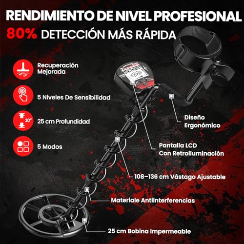 Miniatura 3 de Dr.Ötek Detector De Metales Profesional, Detector De Oro Para Adultos Y Niños, Metal Detector Portátil, Pinpoint, Modo De Memoria, Bobina Impermeable, Mayor Precisión, Con Pala Y Bolsa De Transporte