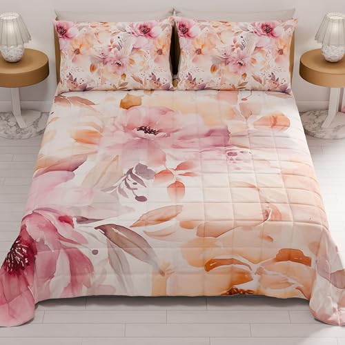 PETTI Artigiani Italiani - Copriletto Matrimoniale Estivo 260x270cm 100 g/m² Double Face, Trapuntino Matrimoniale Primaverile, Trapunta Leggera, Floreale 2, 100% Made in Italy