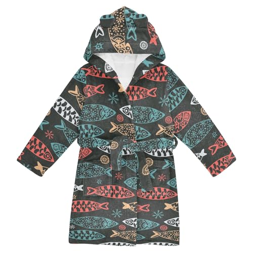 WIFIU Toddler Baby Hooded Bathrobe for Boys Girls Sea Pattern with Small Fish Printed, Soft Plush Bath Towel Robe with 2 Pockets for 4-6 Years