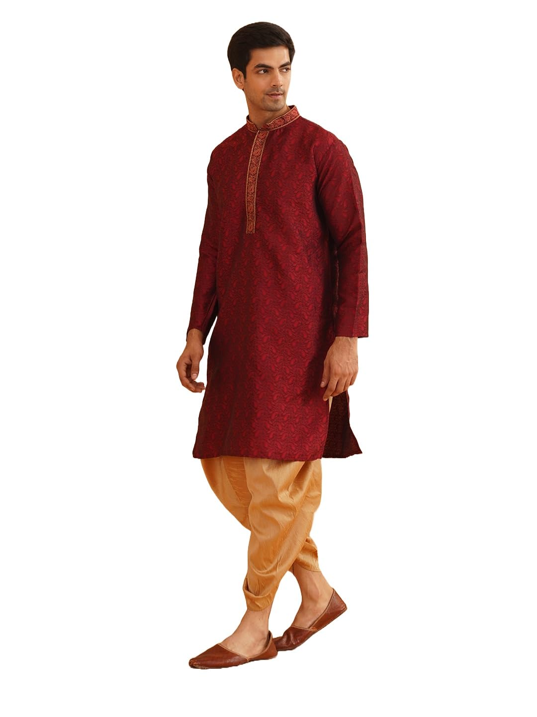 sojanya (Since 1958 Men's Silk Blend Paisley Maroon Kurta with Gold Dhoti Set-picture-45