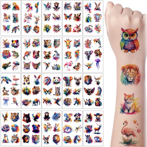 20 Fogli Tatuaggi Temporanei, 120 Pcs Tatuaggi Temporanei di Animali per Bambini con Coniglio Lupo Tigre Delfino Pappagallo, Tatuaggi Falsi e Adesivi per Ragazzi e Ragazze