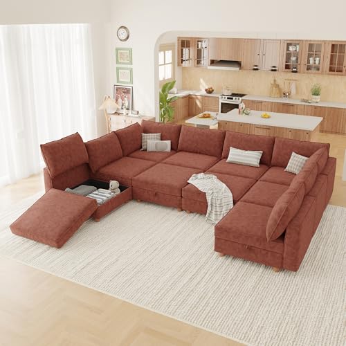 Image of 128 inch Modular Sectional Sleeper Sofa Bed with Storage & Washable Covers, 10-Seater Chenille Modular Sofa Bed with Movable Ottoman Chaise, Convertible Sleeper Sectional Couches for Living Room, Orange