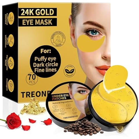 24K Gold Eye Masks for Dark Circles and Puffiness 70PCS, Under Eye Patches Gel Pads for Puffy Eyes Treatment w/Collagen, Caffeine, Peptides for Eye Bags Treatment, Gel Eye Mask Skincare Cover