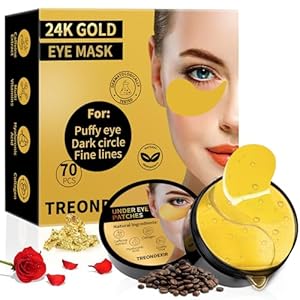 24K Gold Eye Masks for Dark Circles and Puffiness 70PCS, Under Eye Patches Gel Pads for Puffy Eyes Treatment w/Collagen, Caffeine, Peptides for Eye Bags Treatment, Gel Eye Mask Skincare